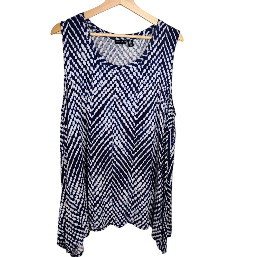 Willi Smith Blue and White Chevron Sleeveless Top, 2X